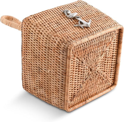 Vagabond House Coastal Woven Rattan Silverware Organizer, Natural Eco-Friendly 4-Compartment Kitchen Storage, Designer Wicker Utensil Holder for Beach House, Picnic, Party, Desk Outdoors