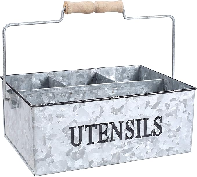 Light & Pro Large Galvanized Bucket Drink Tub Caddy Serveware Utensil Organizer Picnic Caddy Multipurpose Wooden Handle Storage Bin Farmhouse Rustic Organizer With Dividers - Natural