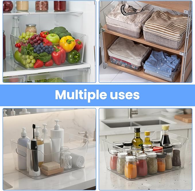 Clear Plastic Storage Bins Set of 6, Multi-Use Organizers and Storage Containers With Handles, Organizer Bins for Home & Kitchen, Cabinet and Pantry