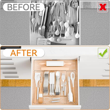 Yieach Acrylic Clear Expandable Kitchen Utensil Drawer Organizer and Silverware Organizer,BPA FREE Adjustable Silverware Tray for Drawer Cutlery,Spatula,Tools,Flatware Organizers,Fork and Spoon Holder