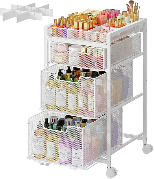 JKsmart Rolling Makeup Cart Organizer with 3 Drawers, Cosmetics Display with Dividers, Floor Skincare Storage with Wheels, Versatile Vanity Organizer for Nail Polish Perfume Brush Hair Tool, White