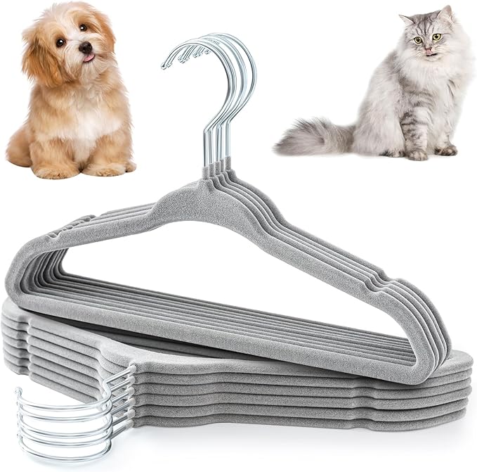 Weysat 12 Pcs Gray Dog Clothes Hangers 11'' Non-Slip & 360° Swivel Velvet Small Pet Hangers for Cats/Dogs with Rustproof Metal Hooks, Space-Saving for Home Storage & Grooming Salons Minimalism