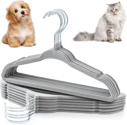 Weysat 12 Pcs Gray Dog Clothes Hangers 11'' Non-Slip & 360° Swivel Velvet Small Pet Hangers for Cats/Dogs with Rustproof Metal Hooks, Space-Saving for Home Storage & Grooming Salons Minimalism