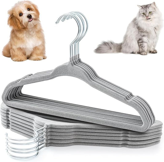 Weysat 12 Pcs Gray Dog Clothes Hangers 11'' Non-Slip & 360° Swivel Velvet Small Pet Hangers for Cats/Dogs with Rustproof Metal Hooks, Space-Saving for Home Storage & Grooming Salons Minimalism