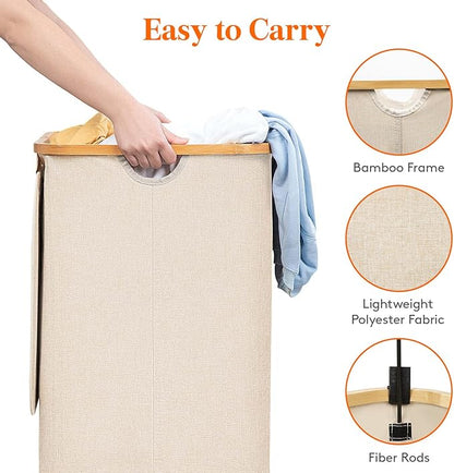 Lifewit 120L Laundry Basket with Lid, Clothes Hampers for Laundry with Bamboo Handles and 2 Removable Bag, Large Foldable Laundry Hamper for Bedroom, Bathroom, Dorm, Laundry Room, Beige