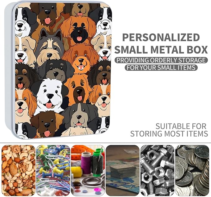 Metal Tin Box Sturdy Metal Storage Box with Lid, Large Container Holder for TCG Cards,Car Keys,Cookies,Tin Containers for Gift,5.0x3.7x1.6 Inch,Exquisite Pattern Design(Cute Cartoon Dog)