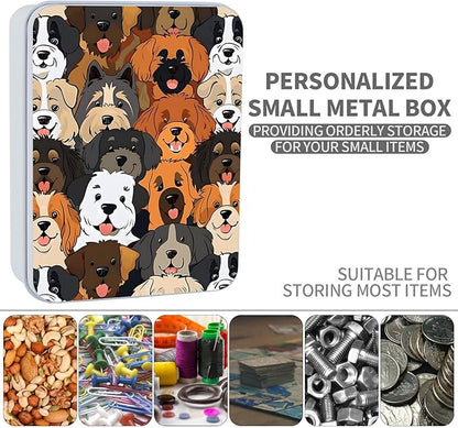 Metal Tin Box Sturdy Metal Storage Box with Lid, Large Container Holder for TCG Cards,Car Keys,Cookies,Tin Containers for Gift,5.0x3.7x1.6 Inch,Exquisite Pattern Design(Cute Cartoon Dog)