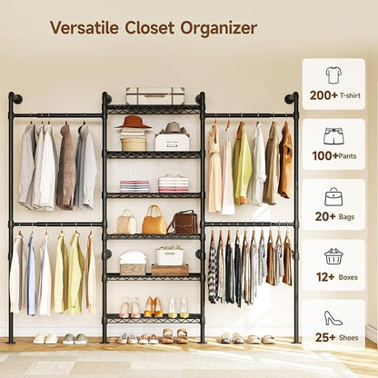 ONBRILL H3 Expandable Wall Mounted Closet System, 5.4FT-8.1FT Closet Organizer with 4 Telescopic Rods & 6 Wire Shelves, Industrial Pipe Clothing Rack for Walk-in & Reach-in Closet (Black)
