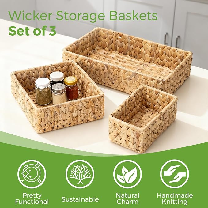 Wicker Storage Baskets Set of 3, Handwoven Water Hyacinth Baskets for Organizing, Large and Small Wicker Baskets Set, Decorative Natural Woven Baskets 3Pack for Pantry Shelves