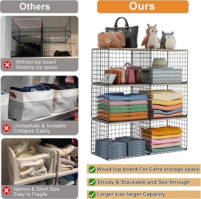 Widened & Heightened Closet Organizers And Storage Shelves With Top Board, Set of 3 Stackable Closet Shelf Organizer Storage Bin Basket For Clothes Sweaters,Space-saving, Sturdy,Wider Higher Size