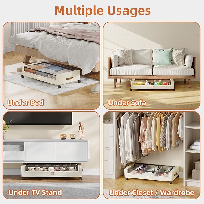 Somdot Under Bed Storage with Wheels, 2 Pack Bed Storage Containers with Dividers & Clear Lids, Easy Pull-out Metal Drawer for Clothes, Shoes,Toys, Blankets (Beige)