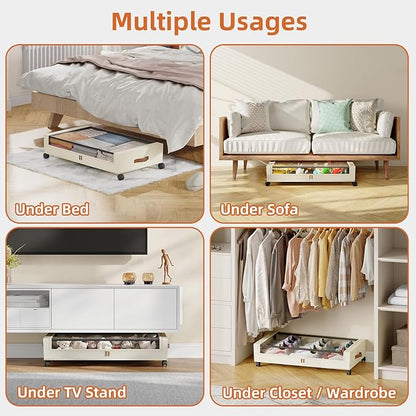 Somdot Under Bed Storage with Wheels, 2 Pack Bed Storage Containers with Dividers & Clear Lids, Easy Pull-out Metal Drawer for Clothes, Shoes,Toys, Blankets (Beige)