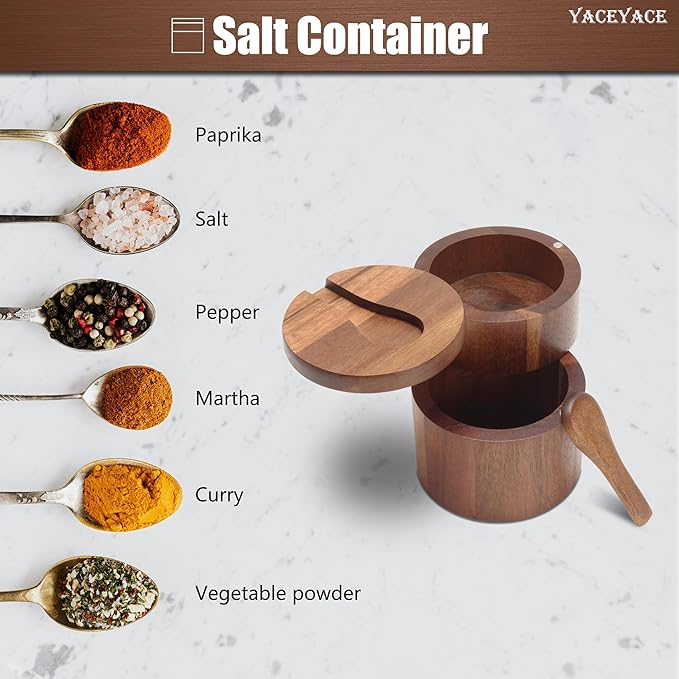Salt Bowl with Spoon, 7oz Salt and Pepper Containers Triple Compartment, Small Acacia Salt Containers for Countertop, Salt Cellar for Kitchen