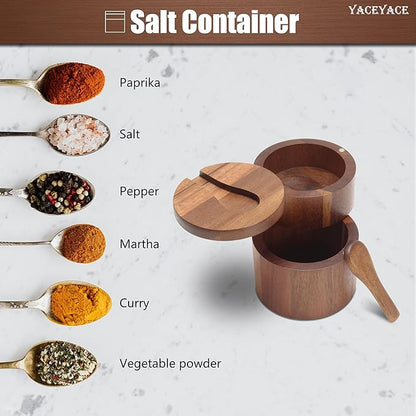 Salt Bowl with Spoon, 7oz Salt and Pepper Containers Triple Compartment, Small Acacia Salt Containers for Countertop, Salt Cellar for Kitchen