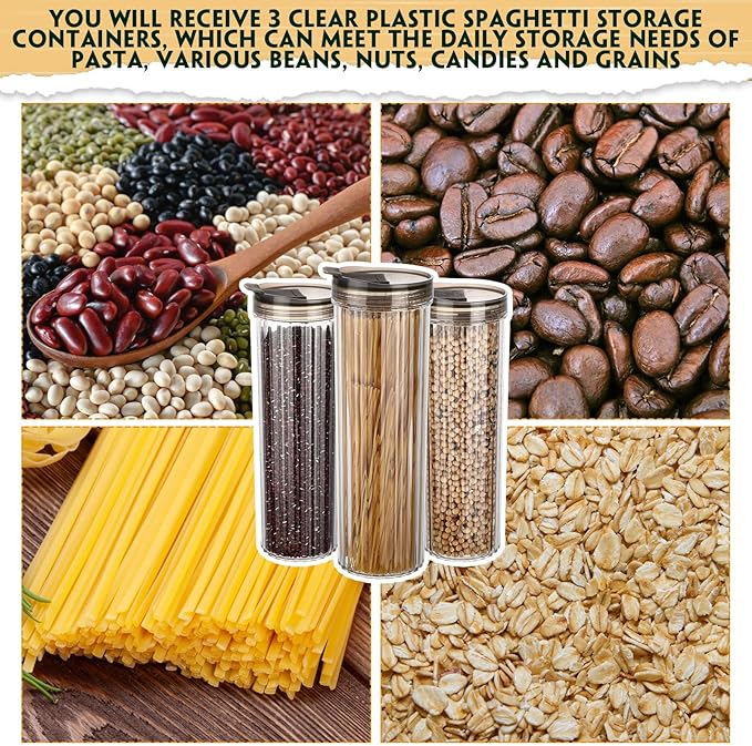 3 Pcs Spaghetti Pasta Container with Airtight Lid 48oz Clear Tall Pasta Holder Spaghetti Food Storage Container Leakproof for Noodles Beans Oats Coffee Beans Rice Flour Oatmeal