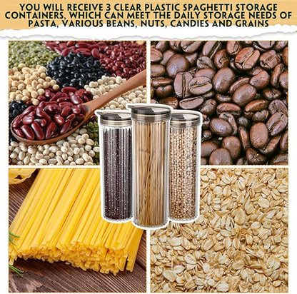 3 Pcs Spaghetti Pasta Container with Airtight Lid 48oz Clear Tall Pasta Holder Spaghetti Food Storage Container Leakproof for Noodles Beans Oats Coffee Beans Rice Flour Oatmeal
