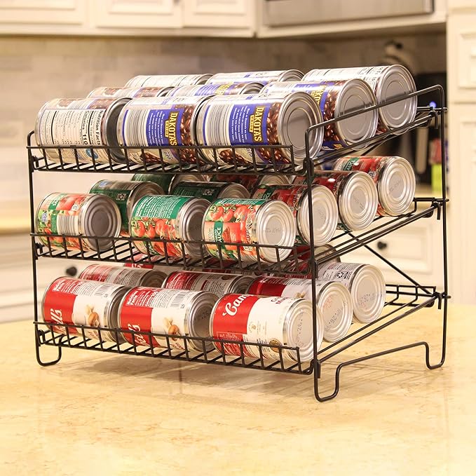 FixtureDisplays® 3-Tier Shelf Wire Rack Trending Can Rack Organizer, Can Jar Dispenser for Kitchen Cabinet, Countertop, Pantry 16" Wide X 12.5" Tall X 10" Deep, 15 Oz Put on Top Shelf 10085CAN-NPF