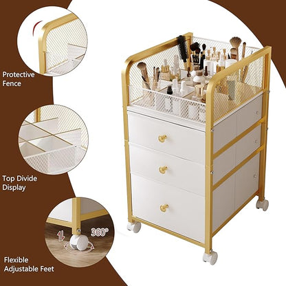 Rolling Makeup Organizer Cart with 3 Drawers, Under Desk Vanity Makeup Storage Cart, Bathroom Storage Cart Cosmetic Display Cases Cabinet for Nail Polish, Brushes & Hair Tools, Gold