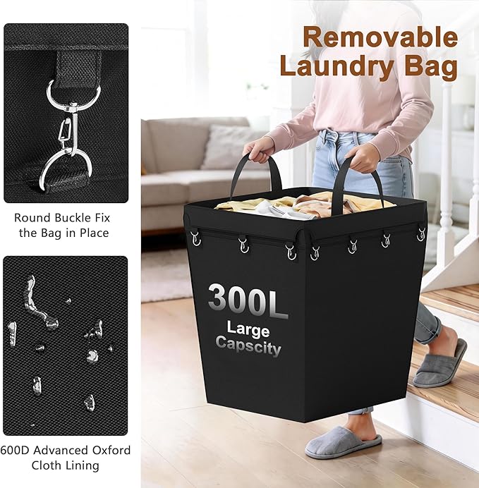 Hoctieon Large Laundry Cart with Wheels, 300L Heavy Duty Laundry Basket Organizer, Rolling Hamper Sorter for Clothes Storage, Industrial Dirty Clothes Hamper for Home & Hotel, Black