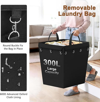 Hoctieon Large Laundry Cart with Wheels, 300L Heavy Duty Laundry Basket Organizer, Rolling Hamper Sorter for Clothes Storage, Industrial Dirty Clothes Hamper for Home & Hotel, Black