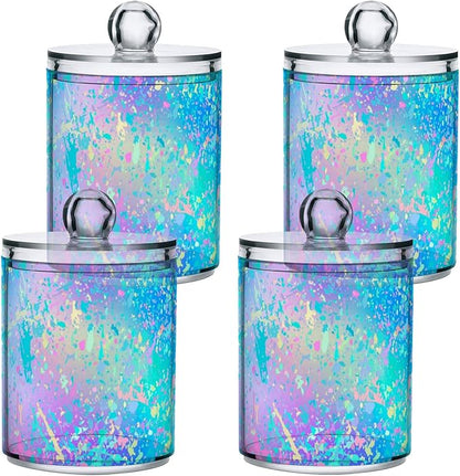 4 Pack Qtip Holder Dispenser Rainbow Grid Marble Cotton Ball Cotton Swab Round Pads Floss Clear Bathroom Storage Containers Plastic Apothecary Jars with Lids