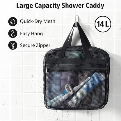 F-color Mesh Shower Caddy Portable with Zipper -Dorm Room Essentials for Guys Girls with S Hook, Shower Bag Basket Tote for College Camping Toiletry Bathroom, Black