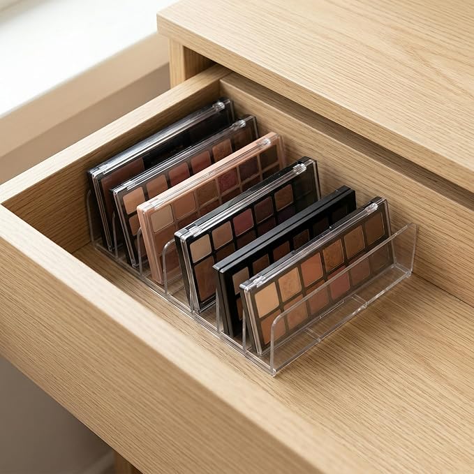 Makeup Palette Organizer, 2 Pack Clear Acrylic Eyeshadow Palette Organizer, 7-Slot Storage for Drawer, Vanity & Countertop, Dual Sizes for Palettes, Blush & Contour
