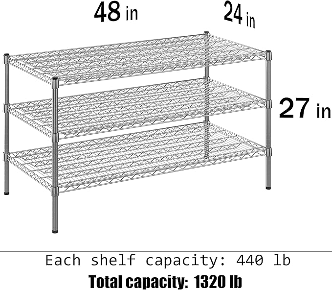 24" Deep x 48" Wide x 27" Height Wire Shelving Kit | 3-Tier | NSF Commercial Storage Rack Unit