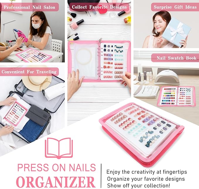 KEIFIN Press On Nail Storage Organizer Binder with 8 Insert Pages - A5 Size Reusable Fake Nail Swatch Collecting Book Polish Color Display Holder Container with Tape and Zipper Pocket (PINK)