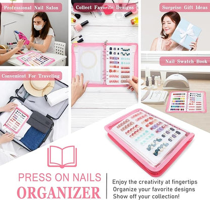 KEIFIN Press On Nail Storage Organizer Binder with 8 Insert Pages - A5 Size Reusable Fake Nail Swatch Collecting Book Polish Color Display Holder Container with Tape and Zipper Pocket (PINK)