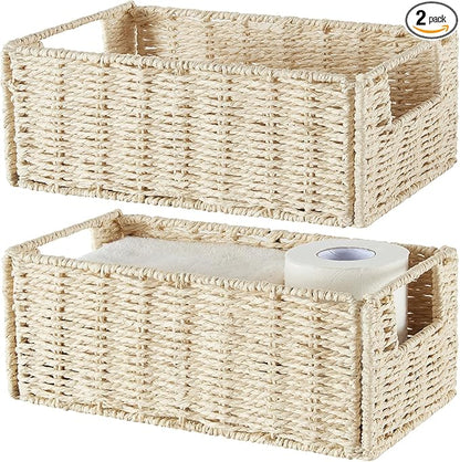 Vagusicc Wicker Storage Basket, Set of 2 Hand-Woven Paper Rope Wicker Basket, Small Storage Baskets for Organizing Toilet Paper Basket, Foldable Large Cube Storage Organizer Bins for Shelves (Beige)