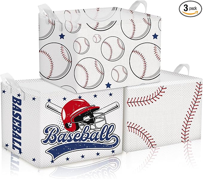 CHENGU 3 Pcs Baseball Baskets Storage Baseball Basket for Gifts Collapsible Waterproof Canvas Cube Sports Storage Bin Organizer with Handles for Clothes Toys Balls Shelf Nursery Boxes Decor