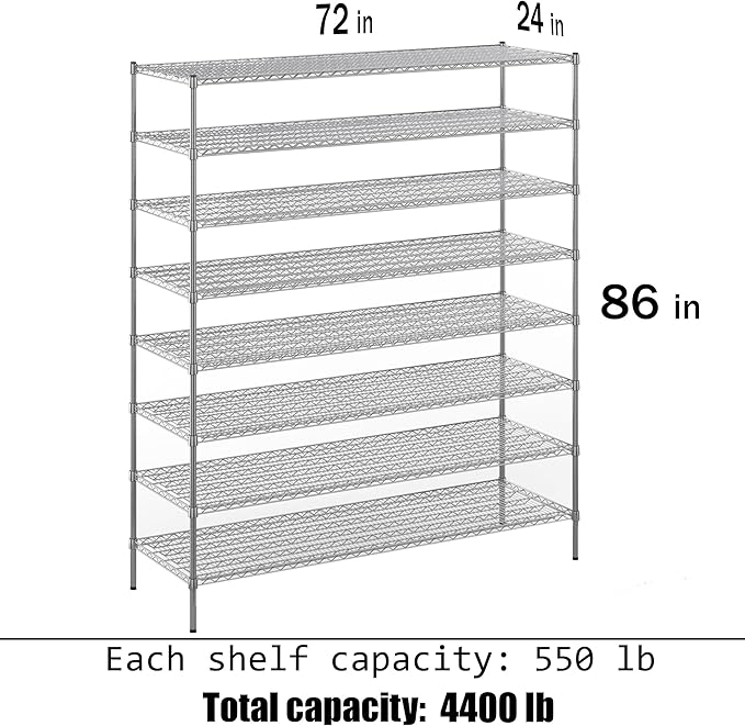 24" Deep x 72" Wide x 86" Height Wire Shelving Kit | 8-Tier | NSF Commercial Storage Rack Unit
