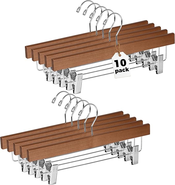 Quality Hangers Wooden Pants Hangers - 10-Pack Swivel Hook Cloth Hanger Set - Lotus Wood Skirt, Pant, Shorts and Slack Hangers with Adjustable Clip (Walnut - Chrome Hook, 10)