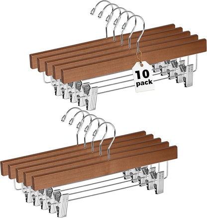 Quality Hangers Wooden Pants Hangers - 10-Pack Swivel Hook Cloth Hanger Set - Lotus Wood Skirt, Pant, Shorts and Slack Hangers with Adjustable Clip (Walnut - Chrome Hook, 10)