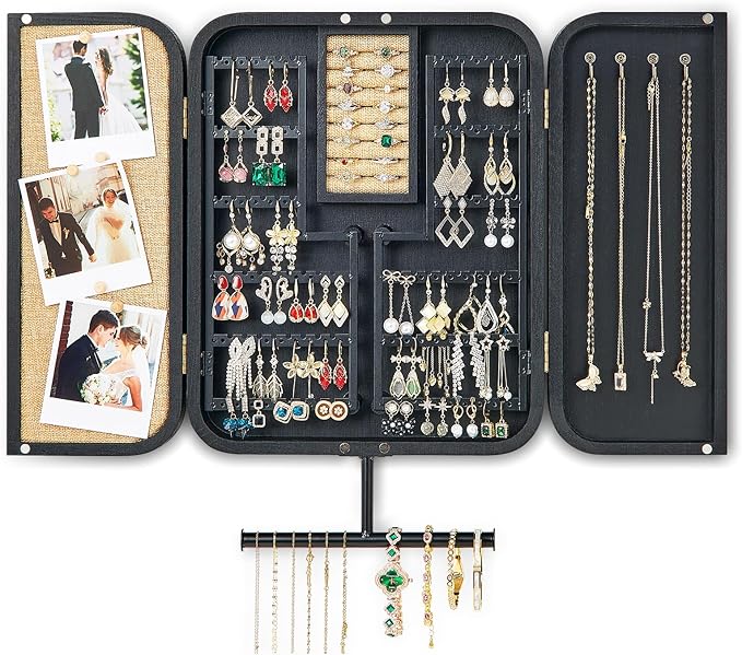 Pinzoveco Hanging Jewelry Organizer, Wall Mounted Jewelry Organizer for Earring Holder Organizer, Jewelry Cabinet Holder Jewelry Storage Box for Earrings, Necklaces, Bracelets, Ring Holder (Black)