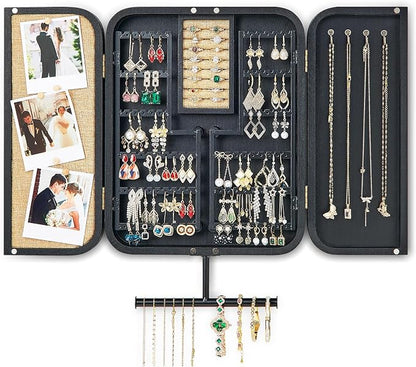 Pinzoveco Hanging Jewelry Organizer, Wall Mounted Jewelry Organizer for Earring Holder Organizer, Jewelry Cabinet Holder Jewelry Storage Box for Earrings, Necklaces, Bracelets, Ring Holder (Black)