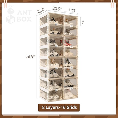 ANTBOX Foldable Shoe Rack,Shoe Organizers for Closet Plastic Shoe Storage Box for Entryway,Living Room,Large Sturdy Stackable Sneaker Cabinet Bins with Magnetic Clear Door 8 Tiers 16 Pairs