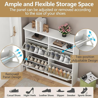 Loomie Shoe Cabinet with 4 Flip Drawers, Freestanding Shoe Storage Cabinet with Open Shelves, Hidden Slim Narrow Shoe Rack Cabinet, Shoe Organizer Cabinet for Entryway, Foyer, Hallway (White)