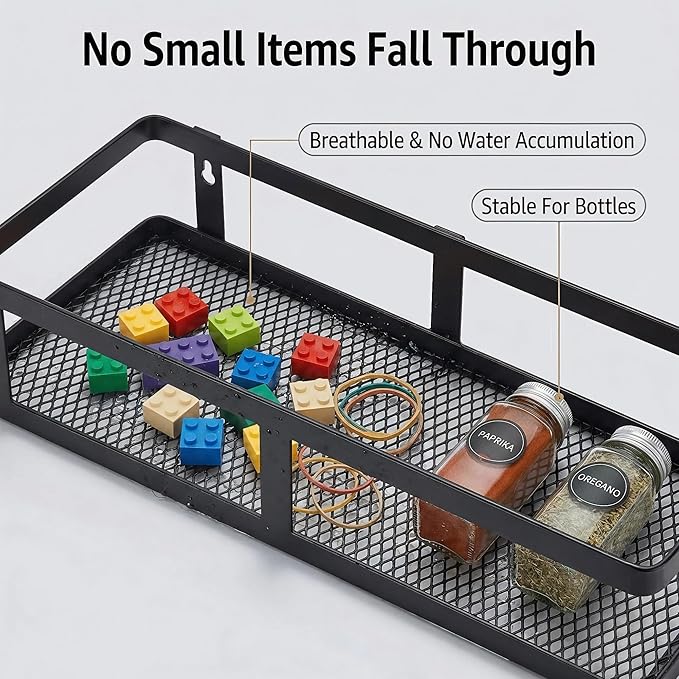 PUSDON 2-Pack Minimalist Shower Caddy Wall Mount, Open Frame Bathroom Shelf Organizer with Mesh Base, Rustproof Floating Spice Rack for Kitchen, Holds 50 LBS, 4 Hooks - Matte Black, Guardrail