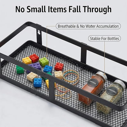 PUSDON 2-Pack Minimalist Shower Caddy Wall Mount, Open Frame Bathroom Shelf Organizer with Mesh Base, Rustproof Floating Spice Rack for Kitchen, Holds 50 LBS, 4 Hooks - Matte Black, Guardrail