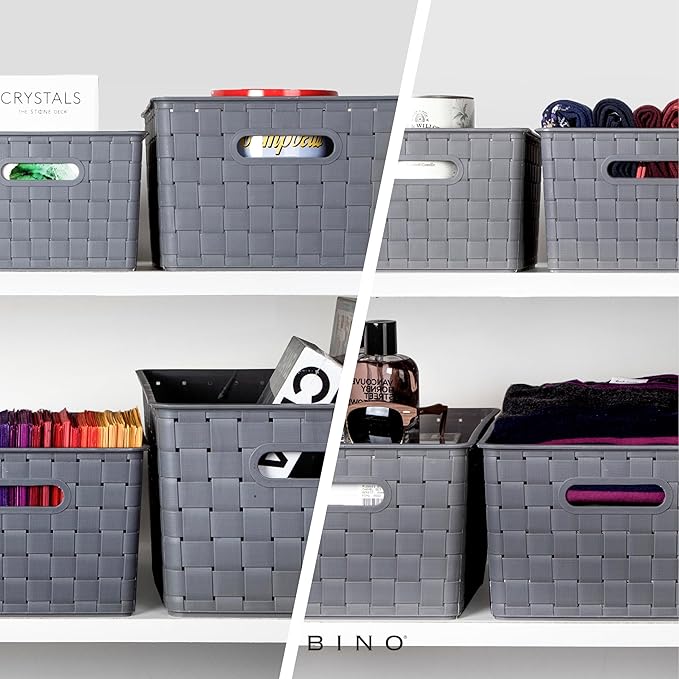 BINO | Plastic Storage Baskets Small - Grey | THE STABLE COLLECTION | Multi-Use Storage | Rectangular Cabinet Organizer | Baskets For Organizing with Handles | Home Office Organization and Storage