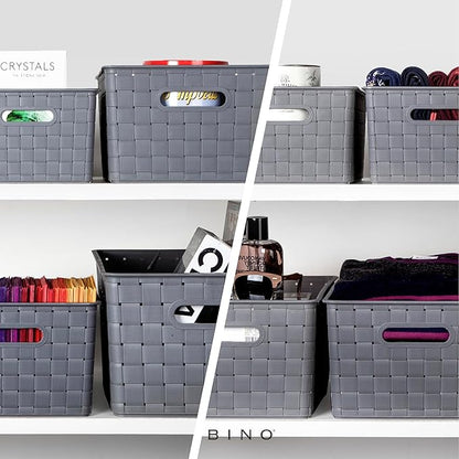 BINO | Plastic Storage Baskets Small - Grey | THE STABLE COLLECTION | Multi-Use Storage | Rectangular Cabinet Organizer | Baskets For Organizing with Handles | Home Office Organization and Storage
