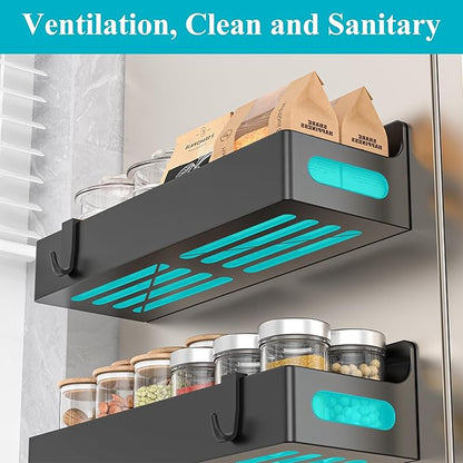 HuggieGems 4 Pack Magnetic Spice Seasoning Rack for Refrigerator, Magnetic Shelf Holder for Fridge with 4 Hooks for Kitchen Organization Storage, Black