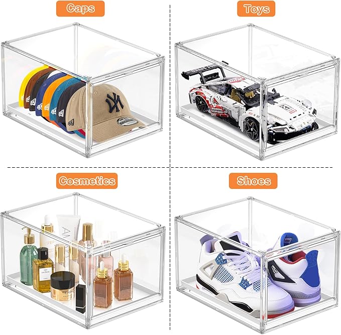 Hat Organizer Box for Baseball Cap, Stackable Hats Storage Container with Sliding Tray Drawer, Large Caps Display Case with Magnetic Door for Closet 16-20 Hats 2Pack Clear