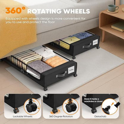 Camkey® Under Bed Storage with 360° Wheels, 2-Pack, 60L Low-Profile Rolling Underbed Bins for Clothes, Shoes, Toys & Books,Easy Pull-Out, Dust Protection, Space-Saving Organizer for Bedroom/Dorm,Black