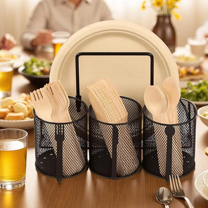 Utensil Caddy Silverware Holder for Party, Metal Mesh Cutlery Storage Organizer for Forks Spoons Napkins Plates, Perfect for Kitchen, Buffet, Picnic, Camping & Outdoor BBQ