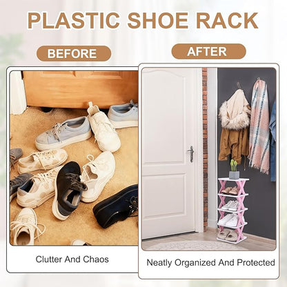 uxcell 4-Tier Plastic Shoe Rack, Vertical Shoe Rack Stackable Storage Organizer Folding Space-Saving Narrow Slot Shelf for Closet Livingroom Entryway Garage, White/Black