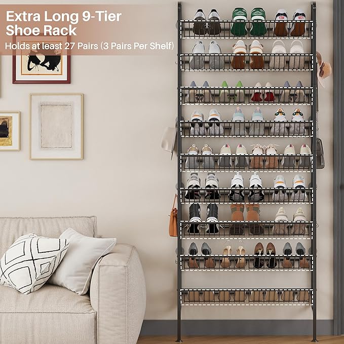 UMDONX 9 Layer Shoe Rack for 27 Pairs Shoes, Freestanding Shoe Organizer with 12 Hooks & 8 Adhesive Pads, Space-Saving Vertical Storage for Entryway and Walk-in Closet Width 27.56 inch（70cm）