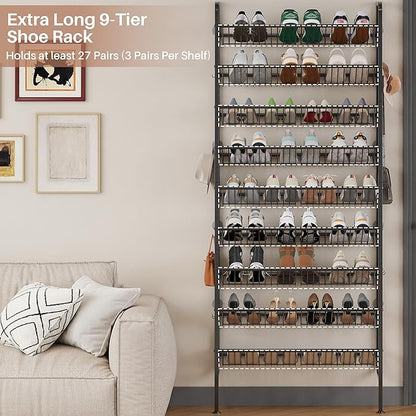 UMDONX 9 Layer Shoe Rack for 27 Pairs Shoes, Freestanding Shoe Organizer with 12 Hooks & 8 Adhesive Pads, Space-Saving Vertical Storage for Entryway and Walk-in Closet Width 27.56 inch（70cm）